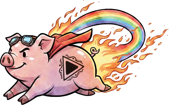 The Piglet mascot flying with a rainbow trail